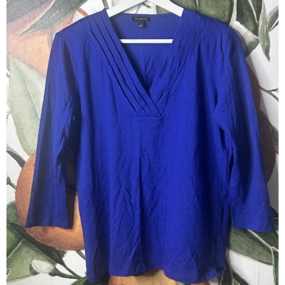 Talbots Medium Medium Pleated Neckline 3/4 Sleeves Cotton Modal Blend Shirt Top